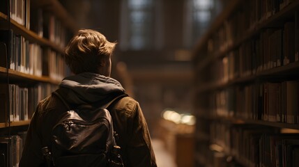 Obraz premium A person walking through a library, surrounded by bookshelves, exploring knowledge and literature.