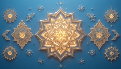 Golden mandalas on blue background with snowflakes and birds flying