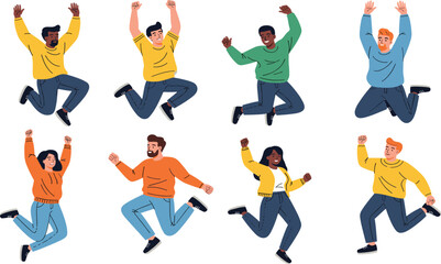 Fototapeta premium Set of Happy People Jumping in Celebration and Joy Featuring Diverse Characters in Casual Outfits for Success and Teamwork Projects.