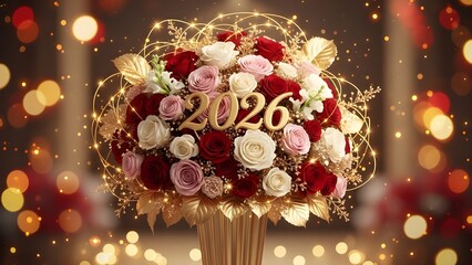 Elegant floral bouquet celebrating New Year 2026, featuring a vibrant mix of roses and delicate lights, evoking a spirit of joy and prosperous beginnings