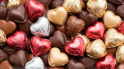 colorful assortment of heart-shaped chocolates in various wrappers, perfect for gifting on special occasions.