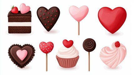 collection of heart-shaped desserts and treats, including cakes, lollipops, and cupcakes in shades of pink and red, perfect for celebrations or Valentine's Day.