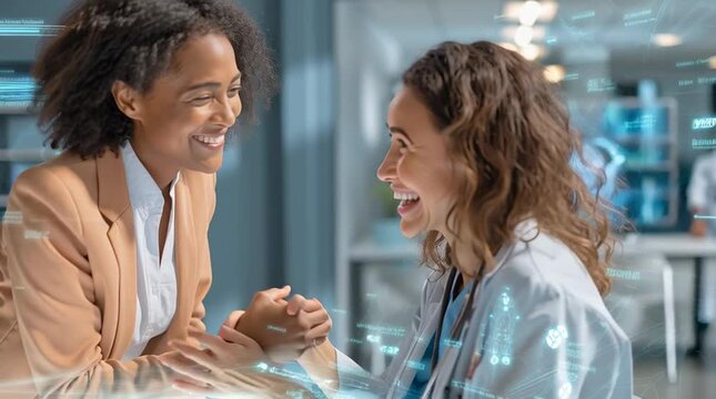 Consultation & Joyful Support: A doctor engages in an interactive consultation, fostering a sense of reassurance and support in a professional office. Capturing the essence of care.