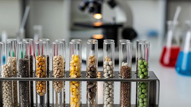 A close-up shot features a neatly arranged rack of glass test tubes, each meticulously filled with a diverse array of seeds, grains, and legumes. The distinct textures and natural hues of corn, beans,