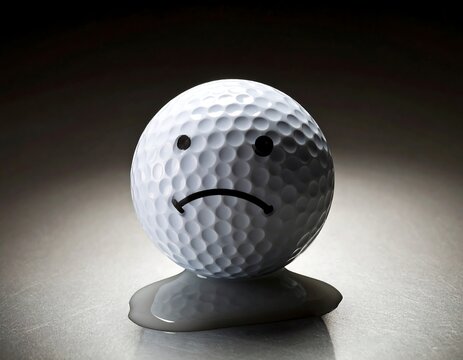 Golf ball with a sad face melting into a puddle, against a blurry grey background