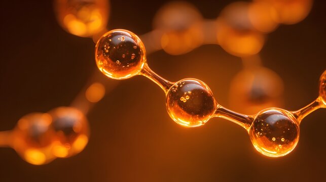 Close-up of interconnected spheres, representing molecular structures, with a warm, glowing effect. - Powered by Adobe