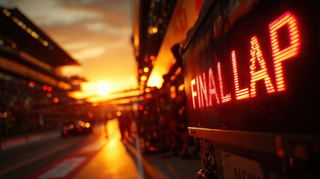 Final Lap Sunset: Capturing the climax of a race, a 'FINAL LAP' sign glows brightly under the dramatic setting sun, hinting at the adrenaline of speed and competition.