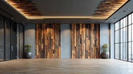 Premium Executive Office Interior Background with Warm Lighting, Wood Panel Texture and Spacious Blank Wall for Boardroom and Annual Report Headlines