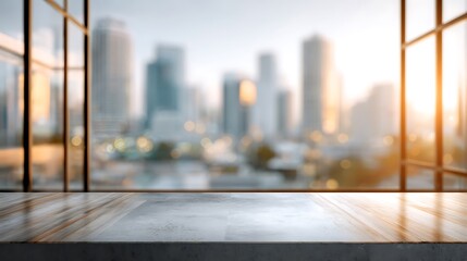 Realistic Modern Corporate Office Background with Window Daylight, Blurred City View and Wide Empty Wall Space for Branding and Executive Content