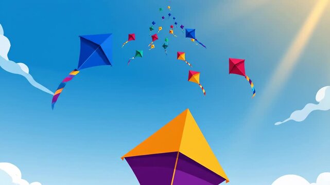 Brightly Colored Geometric Kites Soaring Against a Sunny Sky, Representing Joyful Outdoor Play and Festive Celebration
