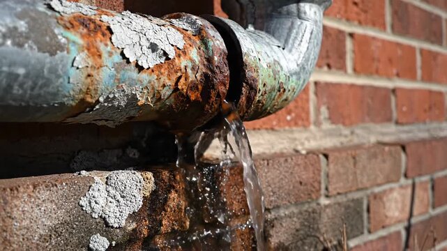 Corroded metal drainpipe with visible leakage and staining against a brick wall exterior
