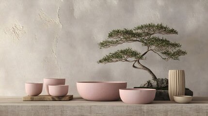 Fototapeta premium Elegant Bonsai Tree and Pink Pottery Arrangement on a Wooden Surface.