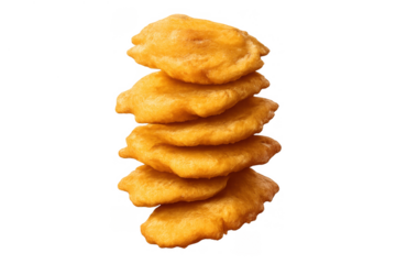 Golden brown fried dough fritters creating a stack. Appetizer, snack, or dessert food on a transparent background