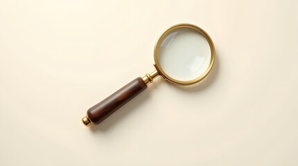 a classic vintage magnifying glass with a polished brass rim and a dark wooden handle featuring subtle natural wear
