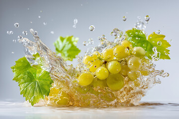 Dynamic splash of crisp white wine hitting a cluster of green grapes on a light background