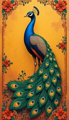 Masala Chai Background with Regal Peacock and Jewel-Toned Beetle Border