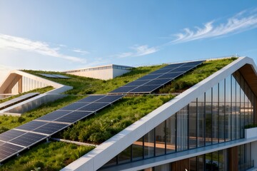 Fototapeta premium Green Roof Solar Architecture Modern sustainable building with green roof and integrated solar energy system representing eco architecture and energy efficiency.