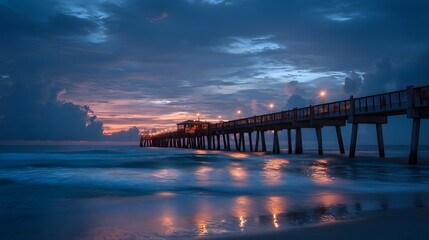 Obraz premium Evening Pier Scene - Serene Coastal View with Cloudy Sky and Reflecting Lights.