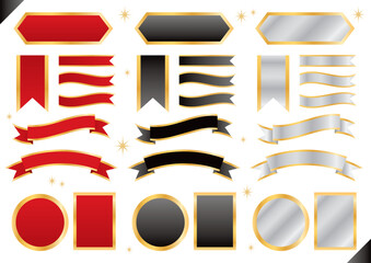 Set of gold-edged red, black, and silver ribbons and frame decorations