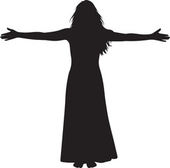 Silhouette of a woman with arms outstretched in a long dress