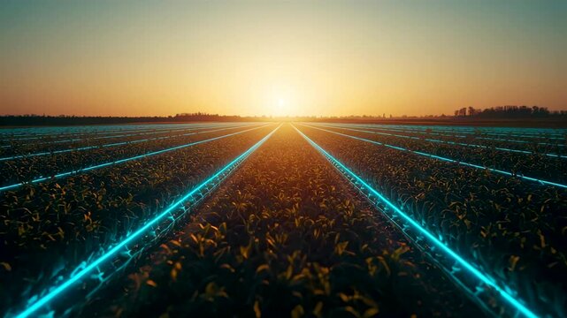 Straight agricultural field with glowing blue parallel lines leading toward sunrise on flat horizon
