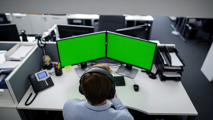 High-angle shot of a person with headphones working at a desk with dual green screen monitors, ideal for showcasing digital content in a modern office environment