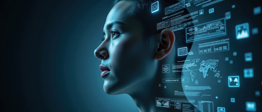 Innovative technology digital interface data visualization futuristic design human profile artificial intelligence information flow cybernetic - Powered by Adobe