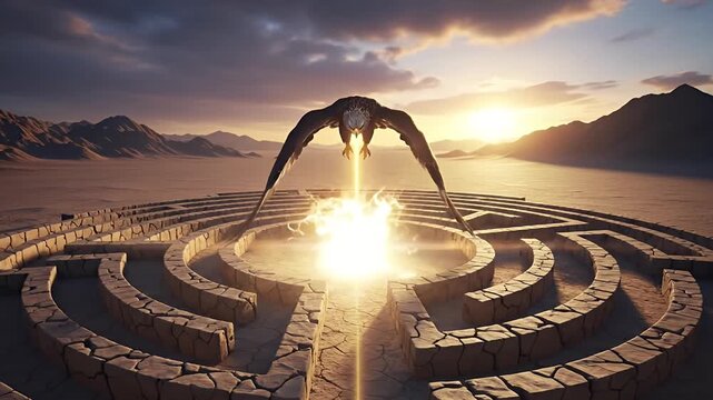A majestic raptor descends over a complex stone labyrinth set in a vast, arid desert landscape under a dramatic sunset sky. A powerful eagle-like bird, with wings majestically spread, hovers above a b