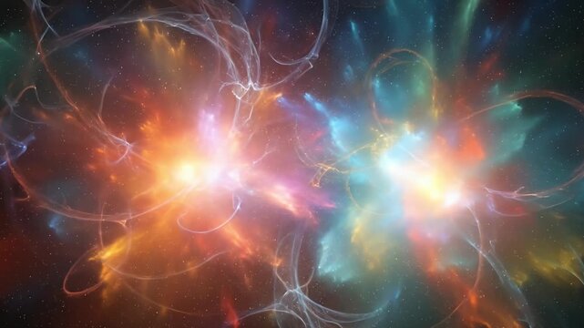 A mesmerizing abstract animation showcases a vibrant cosmic explosion, featuring brilliant bursts of light and intricate swirling energy patterns set against a starry background. This dynamic visual e