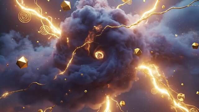 A mesmerizing abstract animation unfolds with dark, turbulent clouds churning amidst a vibrant celestial backdrop. Brilliant golden lightning bolts crackle and snake across the scene, illuminating int