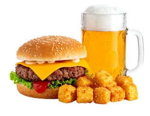 A cheeseburger with tater tots and a full beer stein on a transparent background for easy use