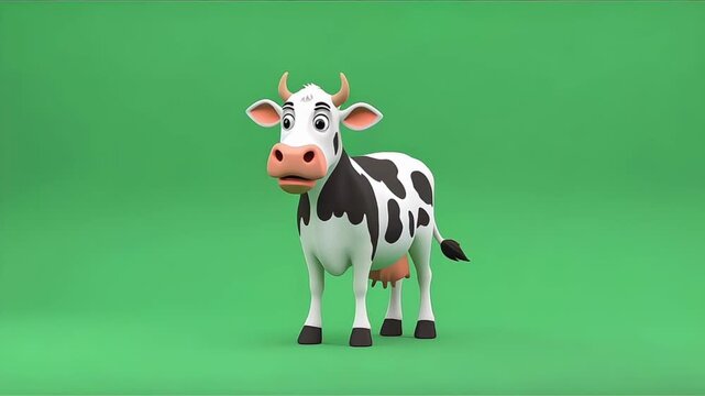 Seamless Looping 3D Cartoon Cow Animation On Bright Green Screen For Motion Graphics And Video Backgrounds