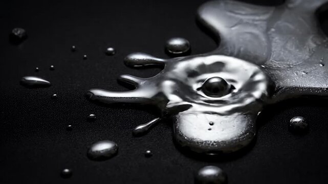 A mesmerizing abstract visual features a shimmering, silver-toned liquid flowing dynamically across a textured dark surface. The metallic substance expands, contracts, and separates into perfect spher