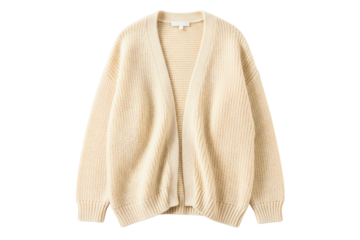 Beige knitted wool cardigan sweater with long sleeves and open front isolated on a transparent background