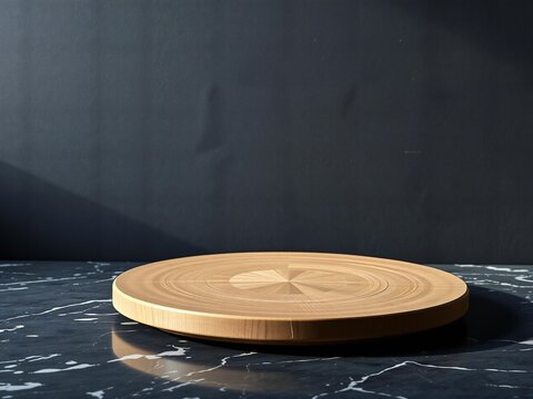 Rustic wooden cutting board on a dark marble surface with dramatic lighting