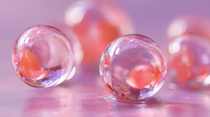 Macro shot of transparent pink gel beads on a surface.
