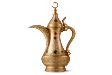 Traditional arabic dallah coffee pot with ornate gold design and red accents, representing hospitality, on transparent background