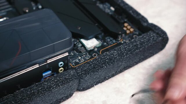 Man uses diagonal pliers to remove a plastic zip tie on a motherboard near the rear panel with audio and USB ports before case installation