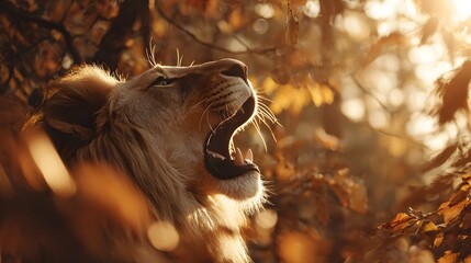 Majestic Lions Yawn - A Golden Hour Portrait Amidst Autumn Foliage.