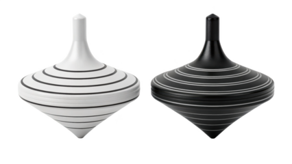 Two spinning tops with striped patterns on black background