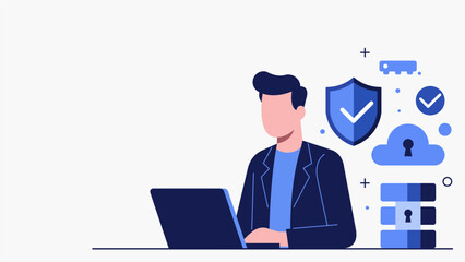 Man Working on Laptop with Cyber Security and Data Protection Concept