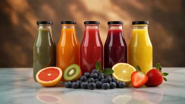 Vibrant Fruit Juices in Bottles with Fresh Assorted Fruits on Marble