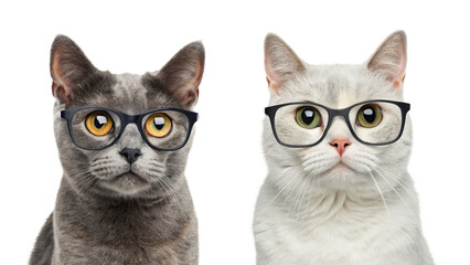 Two cats wearing glasses on black background looking directly at camera