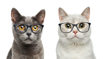 Two cats wearing glasses on black background looking directly at camera