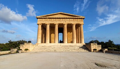 Obraz premium A classical temple with columns, stairs, and a pediment stands against a blue sky with fluffy white clouds, showcasing history