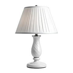 Elegant white ceramic table lamp with a pleated fabric shade isolated on black.