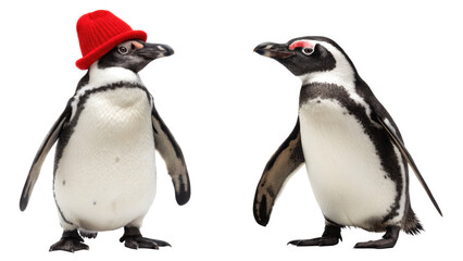 Fototapeta premium Two penguins standing side by side one wearing a red hat