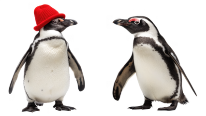 Two penguins standing side by side one wearing a red hat