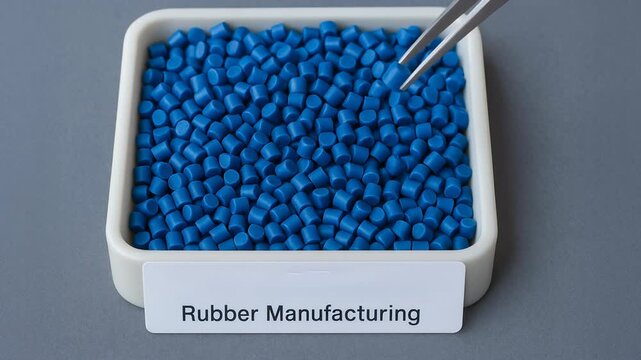 Blue rubber pellets white tray held with tweezers for rubber manufacturing process using plastic material industrial production ensuring quality