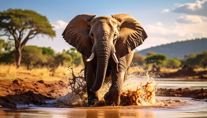 A large, majestic mammal walks toward the viewer through shallow water, kicking up a splash. A few trees are visible in the background